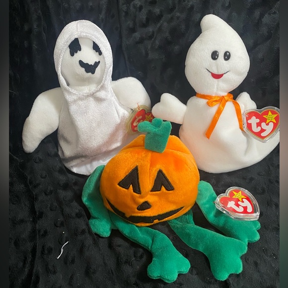 Halloween Ty Beanie Baby Lot Of 3 Plush Ghost Spooky Sheets Pumpkin - Picture 1 of 3